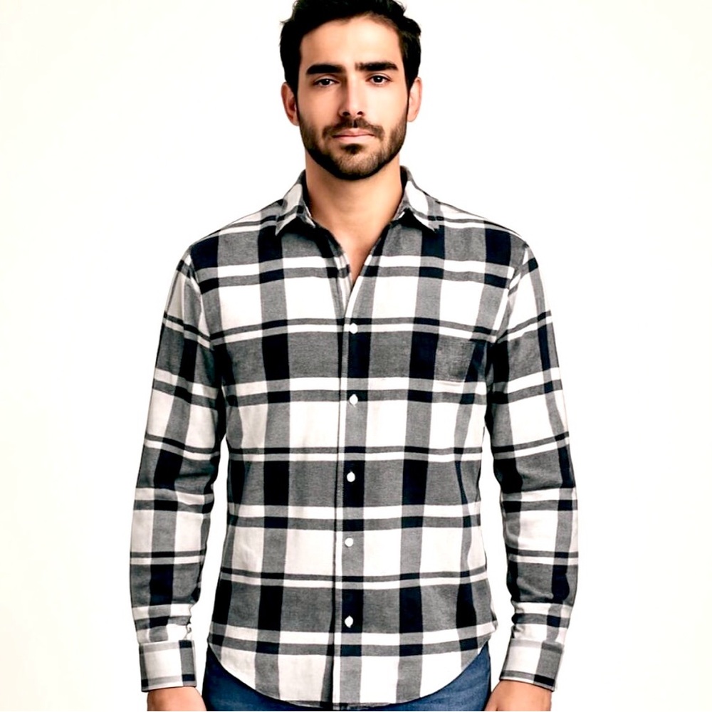 Frank & Eileen FINBAR Flannel Shirt Black White Plaid Button Down